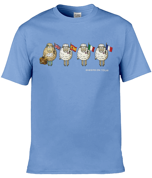 Tommy Bridewell TB46 Sheeps On Tour t-shirt — light blue with cartoon sheep and flags
