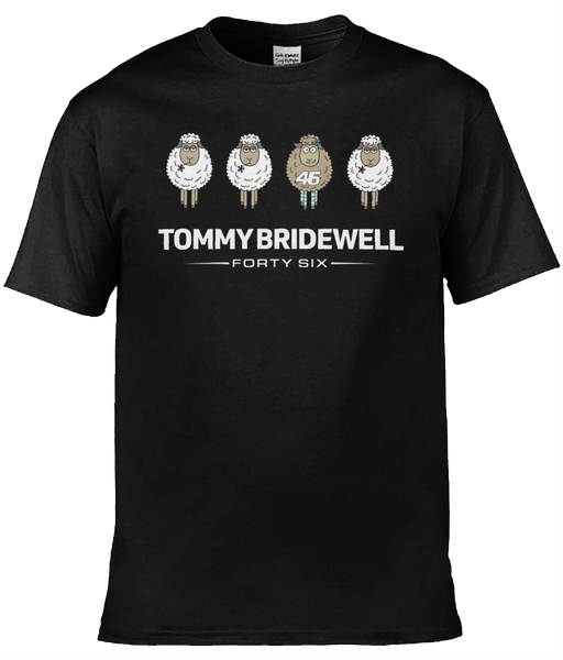 Tommy Bridewell TB46 Sheeps 46 t-shirt — black with cartoon sheep design and Forty Six logo