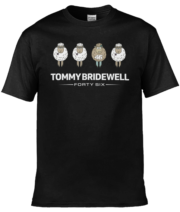 Tommy Bridewell TB46 Sheeps 46 t-shirt — black with cartoon sheep design and Forty Six logo