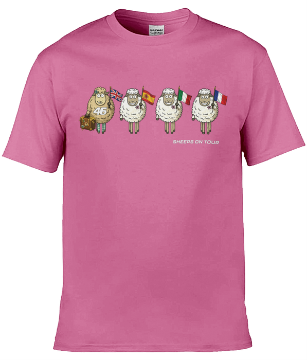 Tommy Bridewell TB46 Sheeps On Tour t-shirt — pink with cartoon sheep and flags