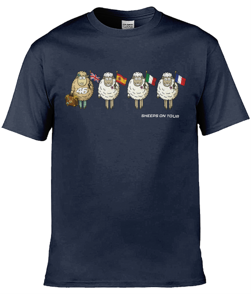 Tommy Bridewell TB46 Sheeps On Tour t-shirt — navy blue with cartoon sheep and flags