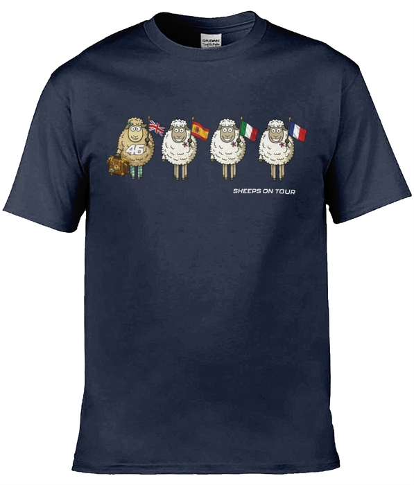 Tommy Bridewell TB46 Sheeps On Tour t-shirt — navy blue with cartoon sheep and flags