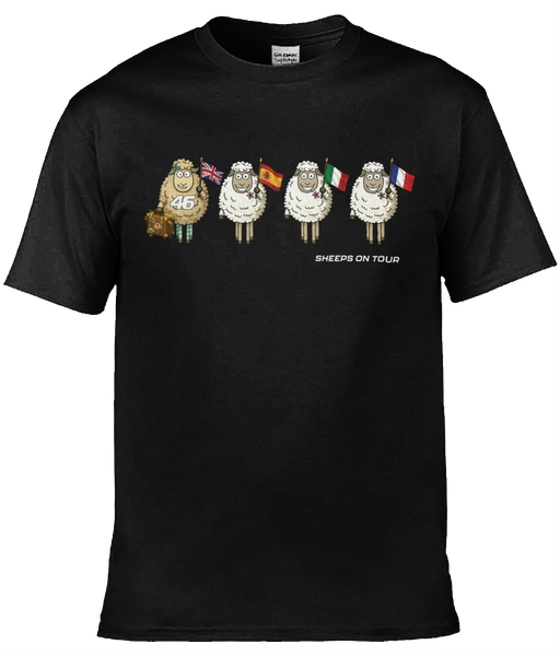 Tommy Bridewell TB46 Sheeps On Tour t-shirt — black with cartoon sheep carrying international flags