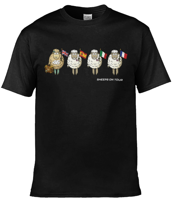 Tommy Bridewell TB46 Sheeps On Tour t-shirt — black with cartoon sheep carrying international flags